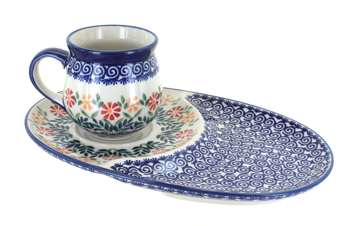 Polish Pottery Garden Bouquet Breakfast Plate & Bubble Mug Set