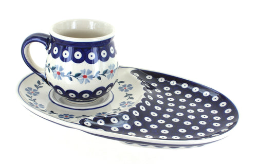Polish Pottery Blue Violet Breakfast Plate & Bubble Mug Set