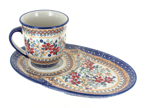 Polish Pottery Red Daisy Breakfast Plate with Breakfast Mug