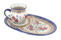 Polish Pottery Red Daisy Breadkfast Plate & Bubble Mug Set