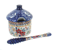 Polish Pottery Red Daisy Honey Pot & Dipper
