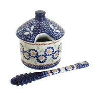 Polish Pottery Peach Blossom Honey Pot & Dipper