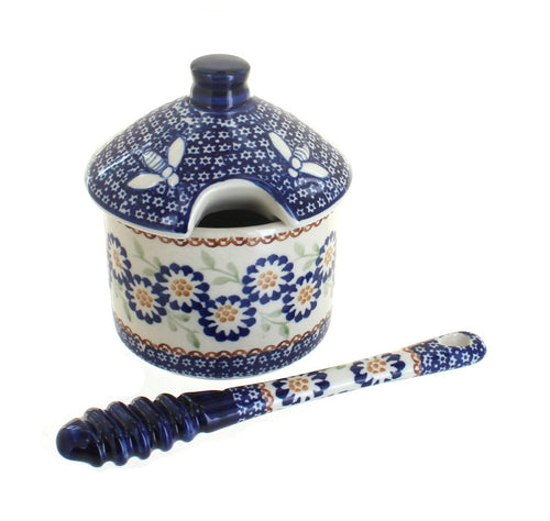 Polish Pottery Peach Blossom Honey Pot & Dipper