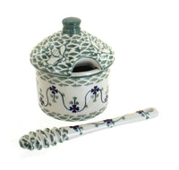 Polish Pottery Sage Floral Honey Pot & Dipper