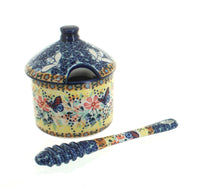 Polish Pottery Blue Butterfly Honey Pot & Dipper