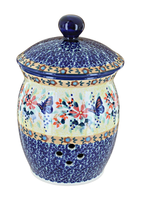 Polish Pottery Blue Butterfly Garlic Keeper