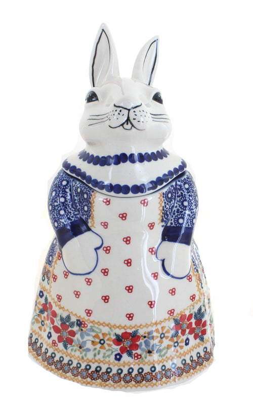 Polish Pottery Red Daisy Rabbit Cookie Jar