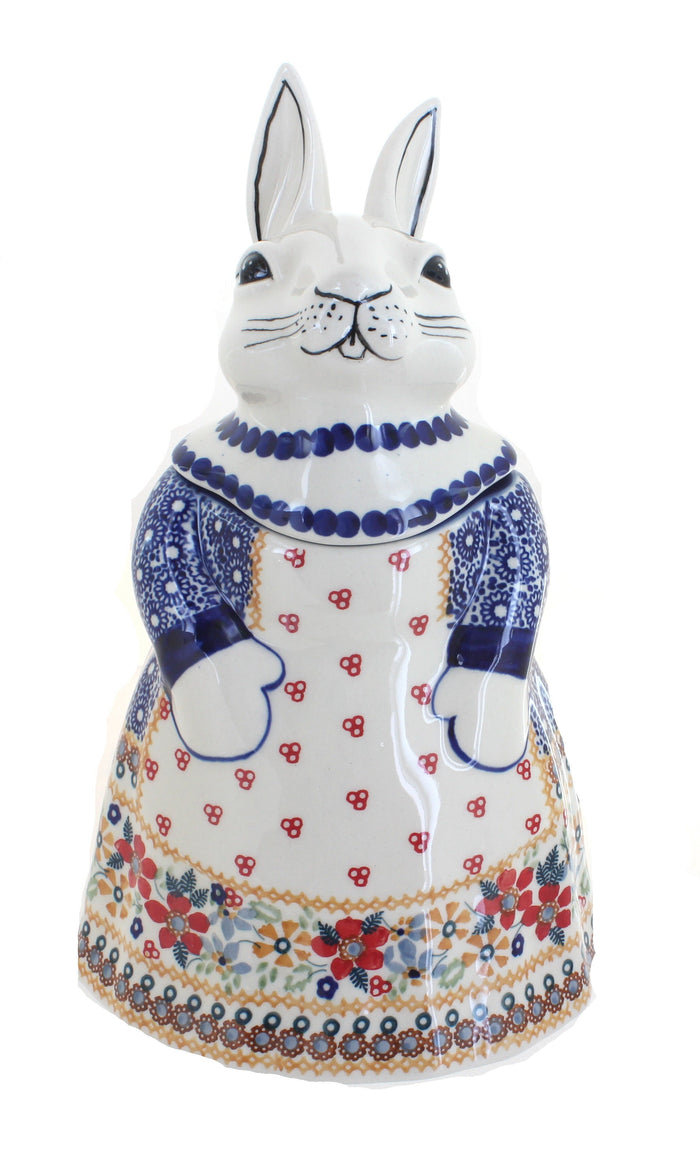 Polish Pottery Red Daisy Rabbit Cookie Jar