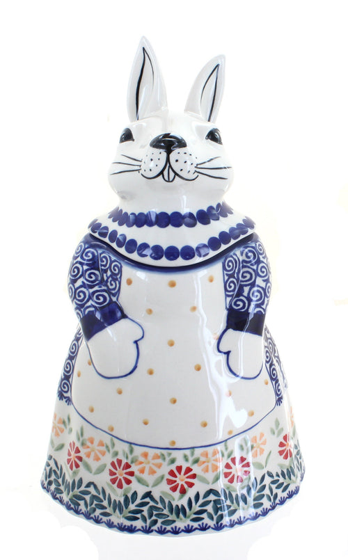 Polish Pottery Garden Bouquet Rabbit Cookie Jar