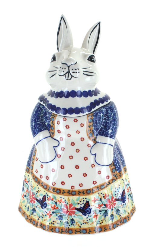 Polish Pottery Blue Butterfly Rabbit Cookie Jar