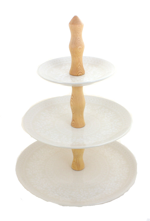 Polish Pottery White Lace 3 Tier Dessert Stand