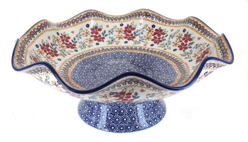 Polish Pottery Red Daisy Large Fluted Pedestal Bowl