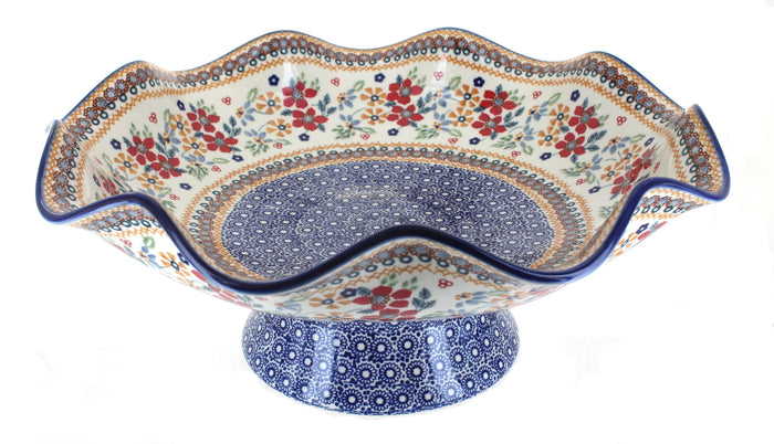 Polish Pottery Red Daisy Large Fluted Pedestal Bowl