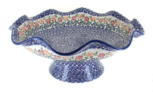 Polish Pottery Garden Bouquet Large Fluted Pedestal Bowl