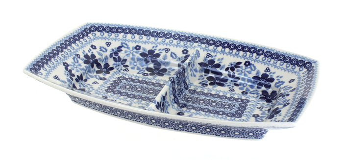 Polish Pottery Vintage Blue Daisy Divided Dish