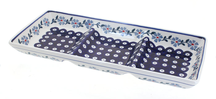 Polish Pottery Blue Violet 3 Section Serving Dish