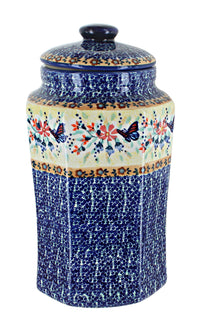 Polish Pottery Blue Butterfly Large Canister with Seal