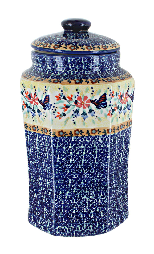 Polish Pottery Blue Butterfly Large Canister with Seal