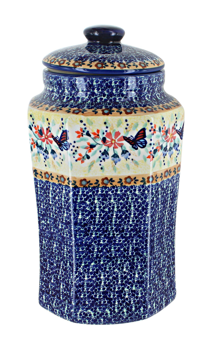 Polish Pottery Blue Butterfly Large Canister with Seal