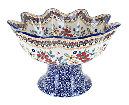Polish Pottery Red Daisy Pedestal Fruit Bowl