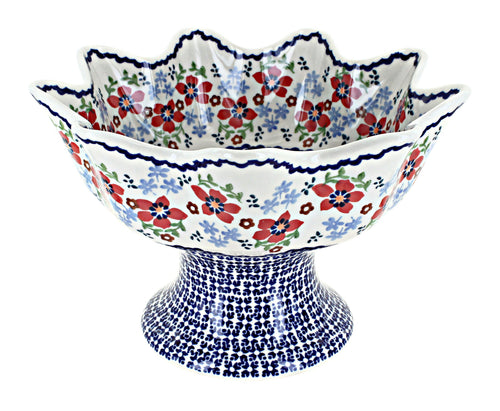 Polish Pottery Red Poppy Pedestal Fruit Bowl