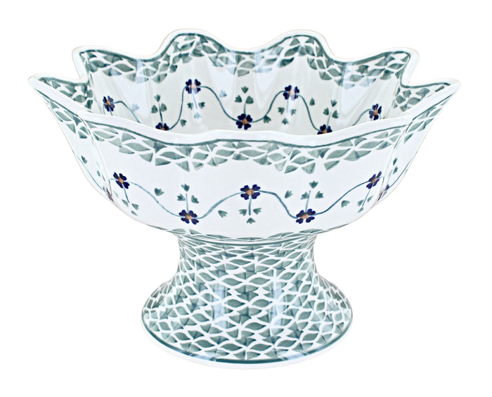 Polish Pottery Sage Floral Pedestal Fruit Bowl