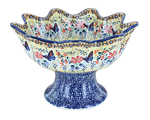 Polish Pottery Blue Butterfly Pedestal Fruit Bowl