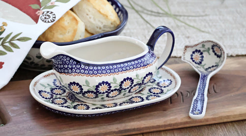 Peach Blossom Gravy Boat & Ladle Polish Pottery