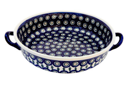 Peacock Round Casserole with Handles Polish Pottery