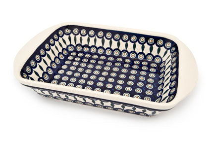 Peacock Large Rectangular Baker with Handles Polish Pottery