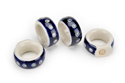 Flowering Peacock Napkin Ring Set Polish Pottery