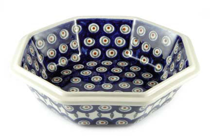 Peacock Large Octagonal Bowl Polish Pottery