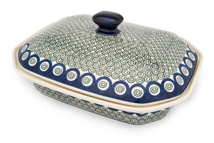 Peacock Swirl Large Covered Baker Polish Pottery