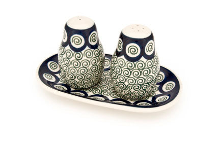 Peacock Swirl Salt & Pepper Shakers with Tray Polish Pottery