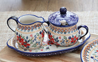 Red Daisy Sugar & Creamer with Tray Polish Pottery