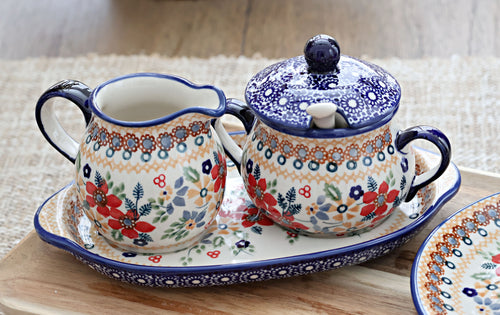 Red Daisy Sugar & Creamer with Tray Polish Pottery