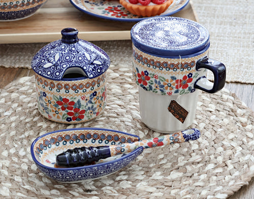 Red Daisy Honey Pot & Dipper Polish Pottery