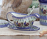 Rooster Row Gravy Boat & Ladle Polish Pottery