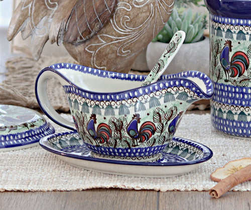 Rooster Row Gravy Boat & Ladle Polish Pottery