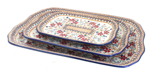 Polish Pottery Red Daisy 3 Piece Rectangular Serving Dish Set