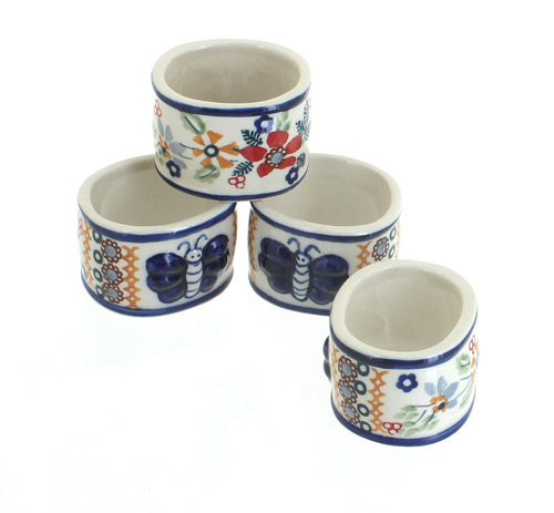 Polish Pottery Red Daisy Napkin Ring Set