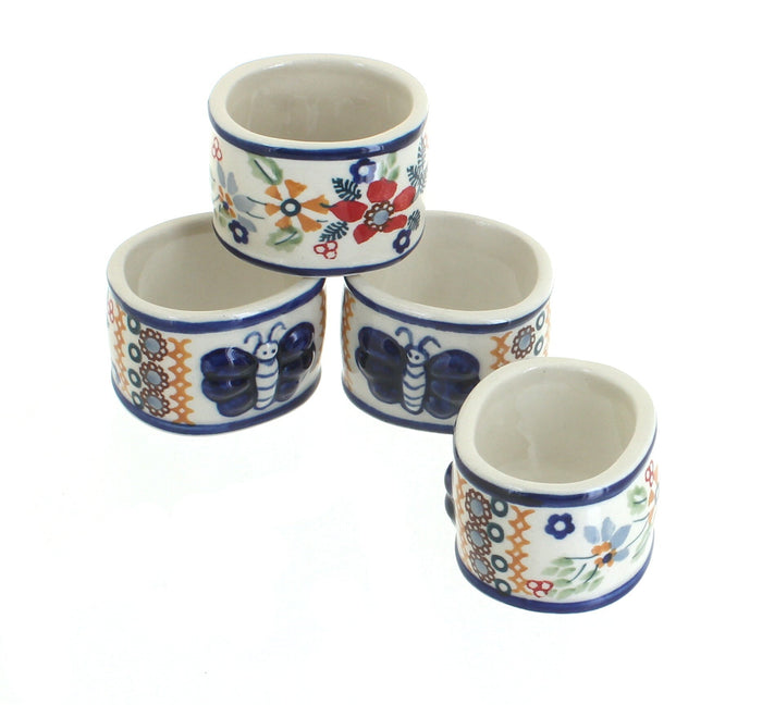 Polish Pottery Red Daisy Napkin Ring Set