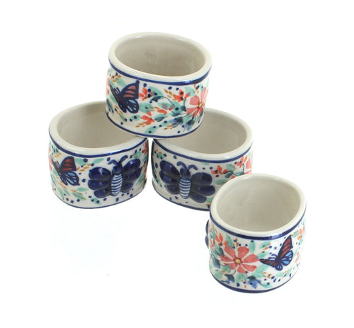 Polish Pottery Blue Butterfly Napkin Ring Set