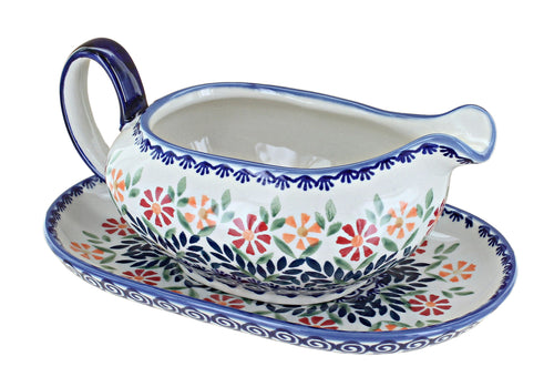 Polish Pottery Garden Bouquet Gravy Boat & Plate