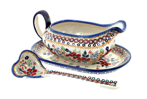 Polish Pottery Red Daisy Gravy Boat & Ladle