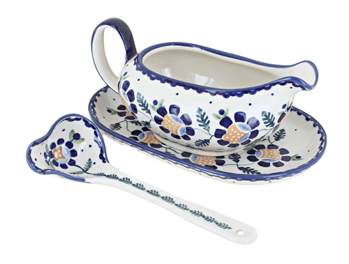 Polish Pottery Sunflower Gravy Boat & Ladle