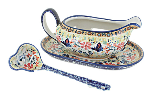 Polish Pottery Blue Butterfly Gravy Boat & Ladle