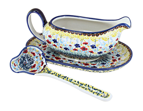 Polish Pottery Prairie Garden Gravy Boat & Ladle