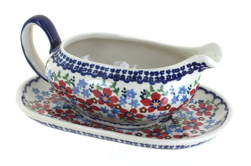 Polish Pottery Red Poppy Gravy Boat & Plate
