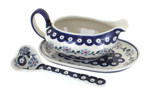 Polish Pottery Blue Violet Gravy Boat & Ladle